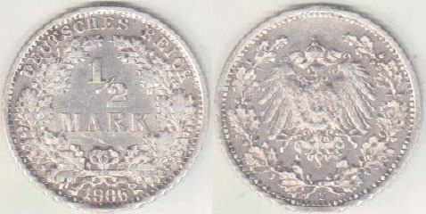 1906 F Germany silver 1/2 Mark A000665